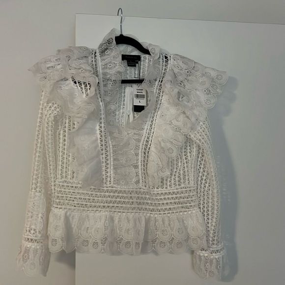 Gracia Tops - Gracia Sheer Lace Ruffle Arm White Peplum Style Blouse Size Large NWT